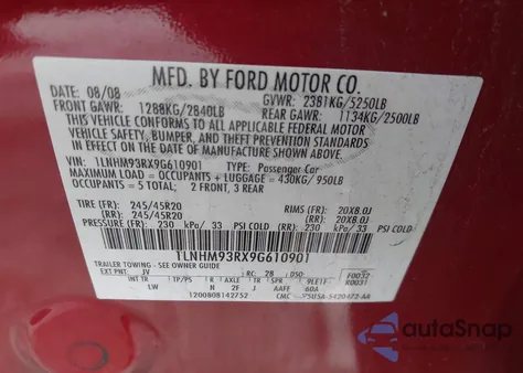 2009 Lincoln Mks z USA, uszkodzony, nr VIN 1LNHM93RX9G610901